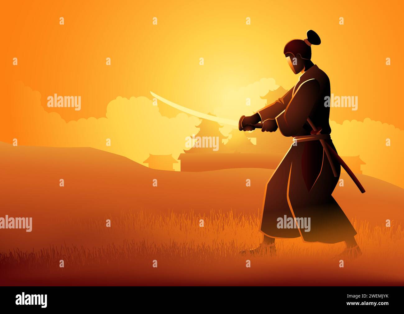 Vector illustration of a Samurai training on grass field Stock Vector
