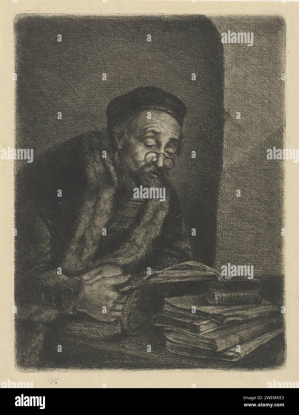 Man behind a desk, Jan Chalon, 1748 - 1795 print A bearded man with glasses. He is behind a desk and studies the content of a book.  paper etching / drypoint eyeglasses, spectacles. morphology of human expression (+ adult male (human being)). reading. lectern  reading Stock Photo