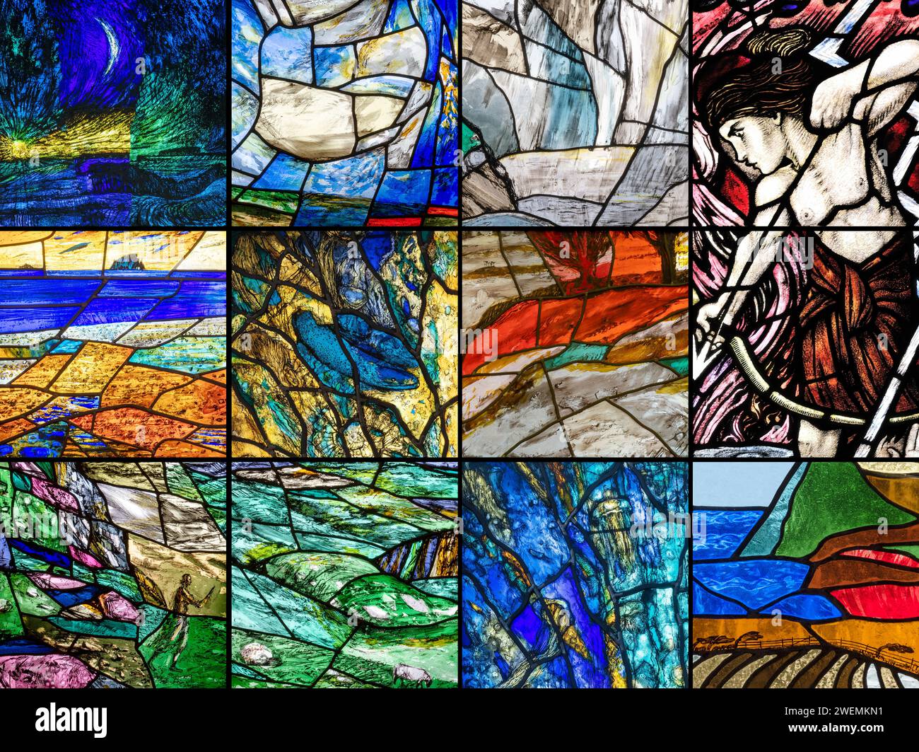 An interpretation of the 'four elements' from stained glass by L. Davis (Dunblane), T. Denny (Bridlington and Cheltenham) and P. Hughes (Manorbier). Stock Photo