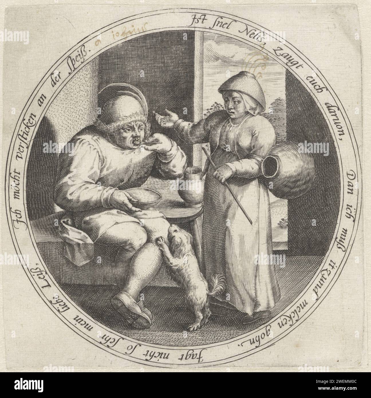 Boer pair in an interior, Anonymous, After Marten van Cleve (I), 1555 - 1631 print Medallion with a farmer's couple in an interior. The man eats from a bowl while a dog jumps against him. Next to him, the woman is standing on her arm with an empty jug and a stick in her hand. Around an ambiguous edge in German.  paper engraving milkmaid. farmers. dog. eating. sensuality Stock Photo