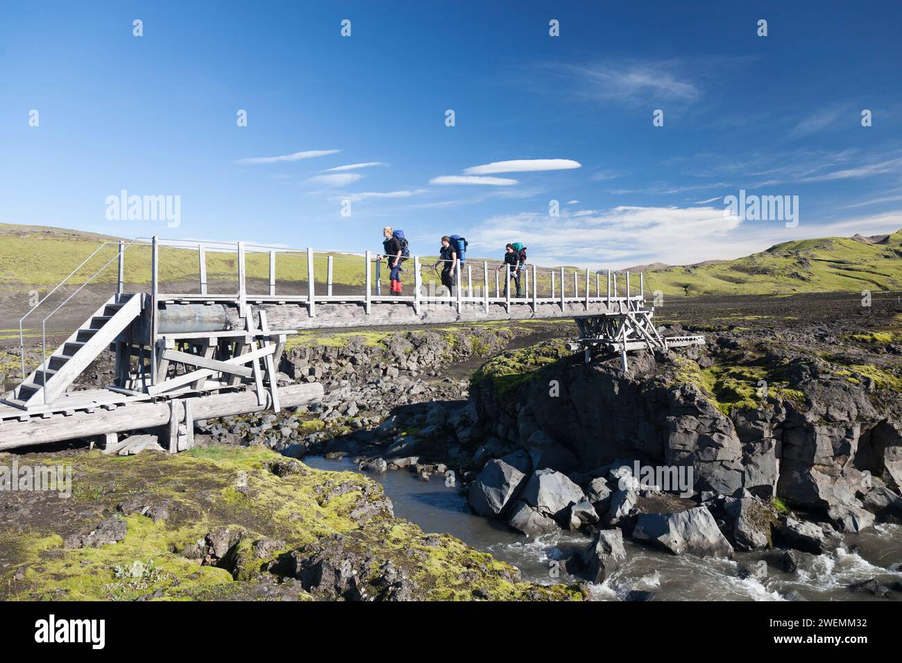 Iceland, trekking on the Thorsmork - Landmannalaugar trail near lake Alftavatn. Stock Photo