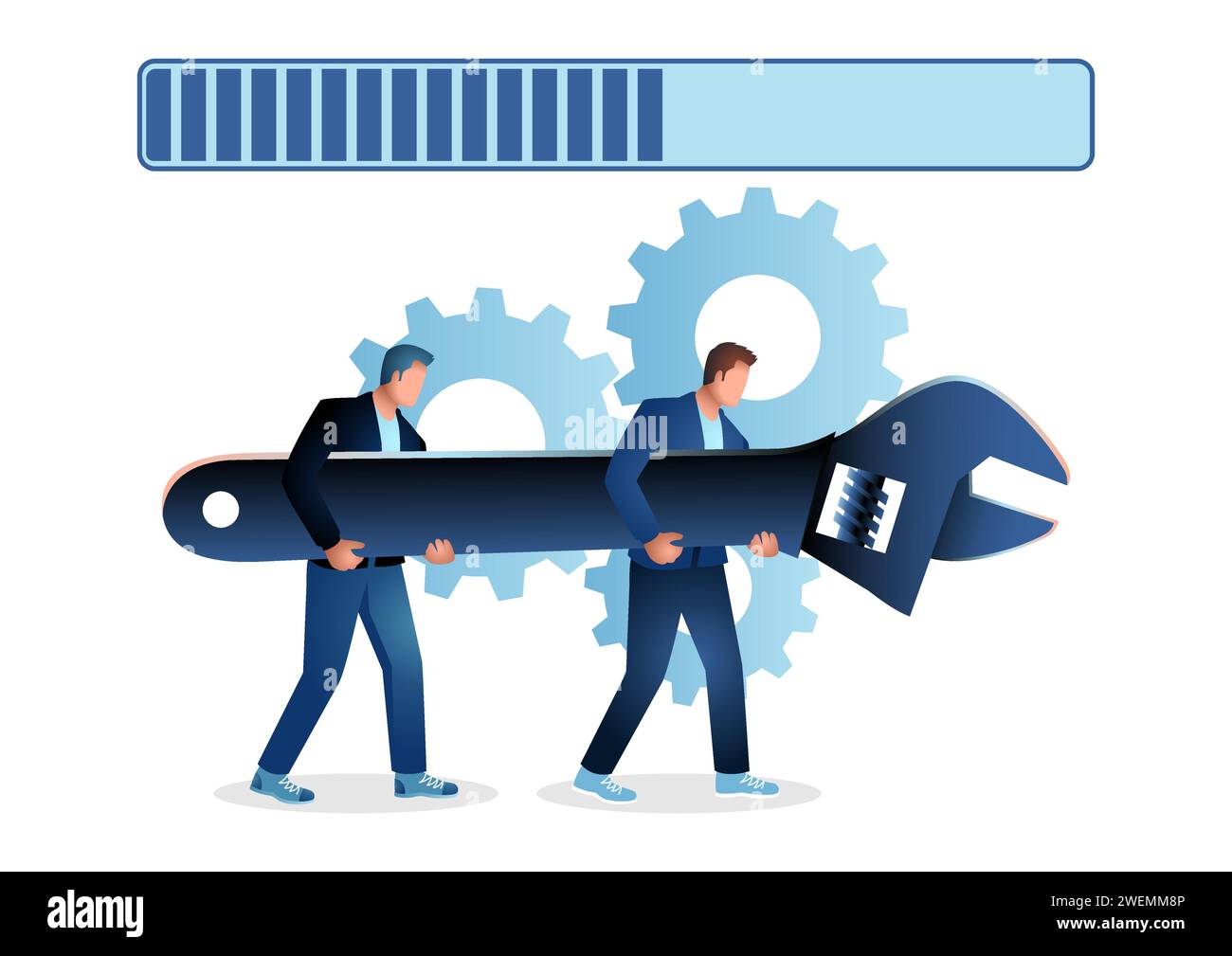 Men holding giant wrench, technical support and repair concept, vector
