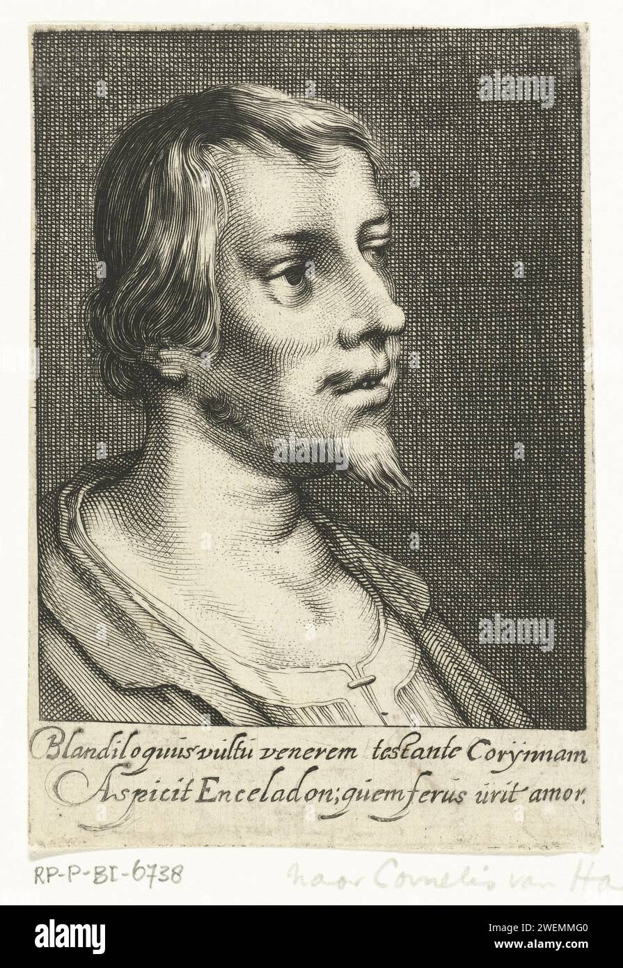 Buste of young man, Cornelis van Dalen (I), 1612 - 1665 print Bust of young man with two lines of Latin text in margin.  paper engraving adult man Stock Photo
