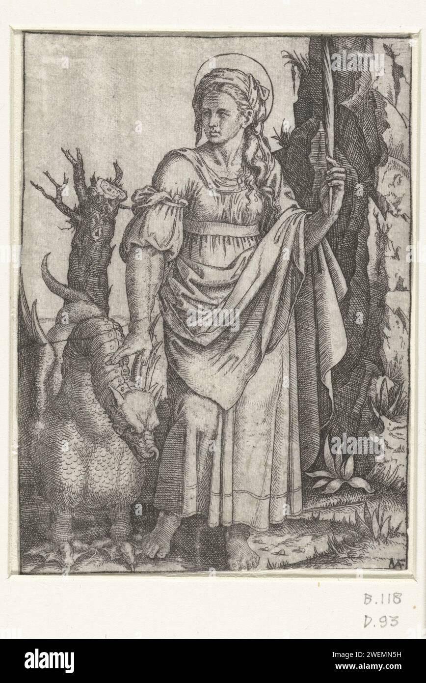 Heili Margareta Van Antiochië Met DraAc The Raimen Reservations, after Francesco of France, 1500 print   paper engraving the virgin martyr Margaret of Antioch; possible attributes: cross, crown, dragon (under feet or on chain), (chaplet of) pearls. dragon Stock Photo