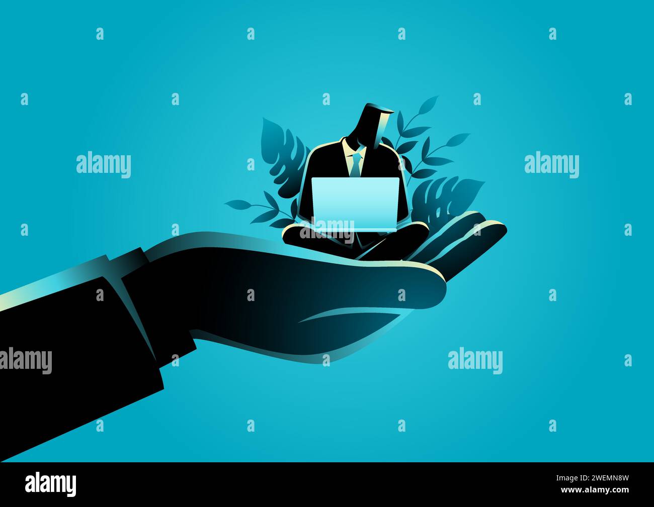 Giant hand holding a businessman who works on laptop, emotional