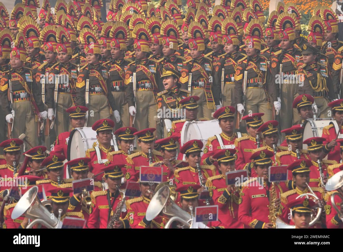 Indian defense forces march on the ceremonial street Kartavyapath ...