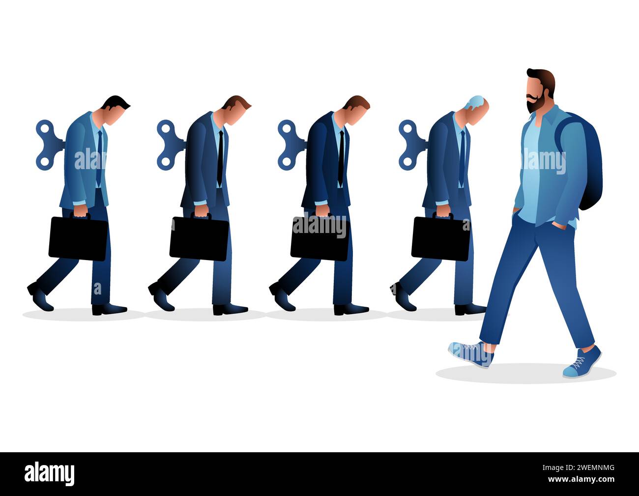 Business concept vector illustration of a young man in casual clothing walking opposite way from businessmen with winders. Freelance, free will concep Stock Vector