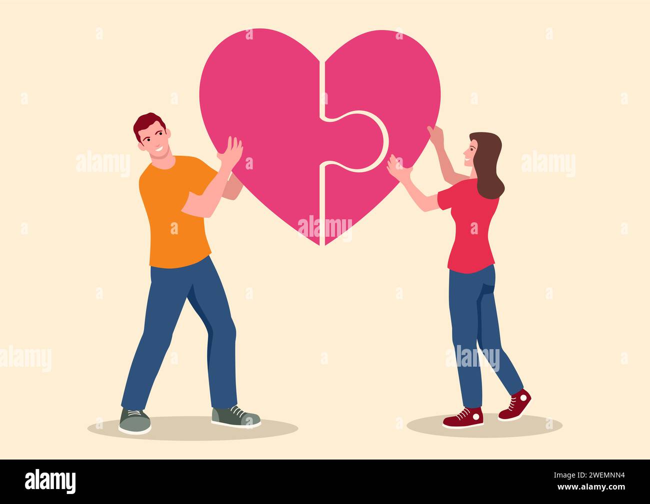 Simple flat vector illustration of young couple put together a puzzle
