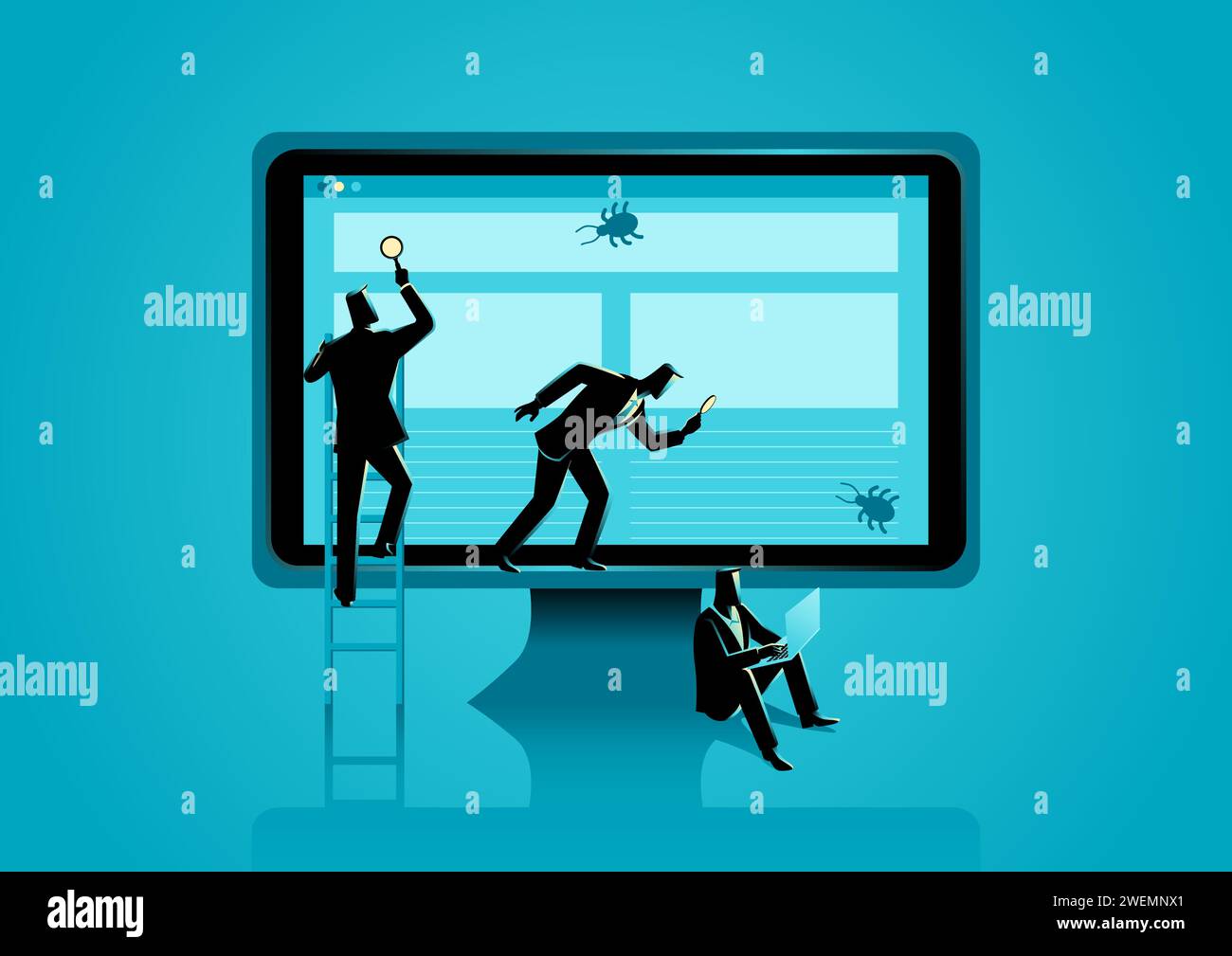 Businessmen working together looking for computer bugs, beta testing, testing software, computer programming concept Stock Vector