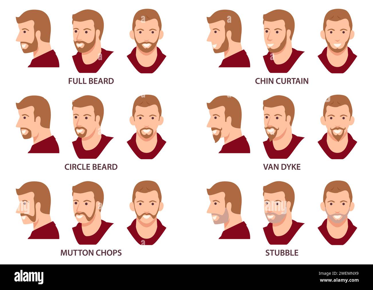 Simple flat vector illustration of men faces with facial hair, men head avatar set Stock Vector
