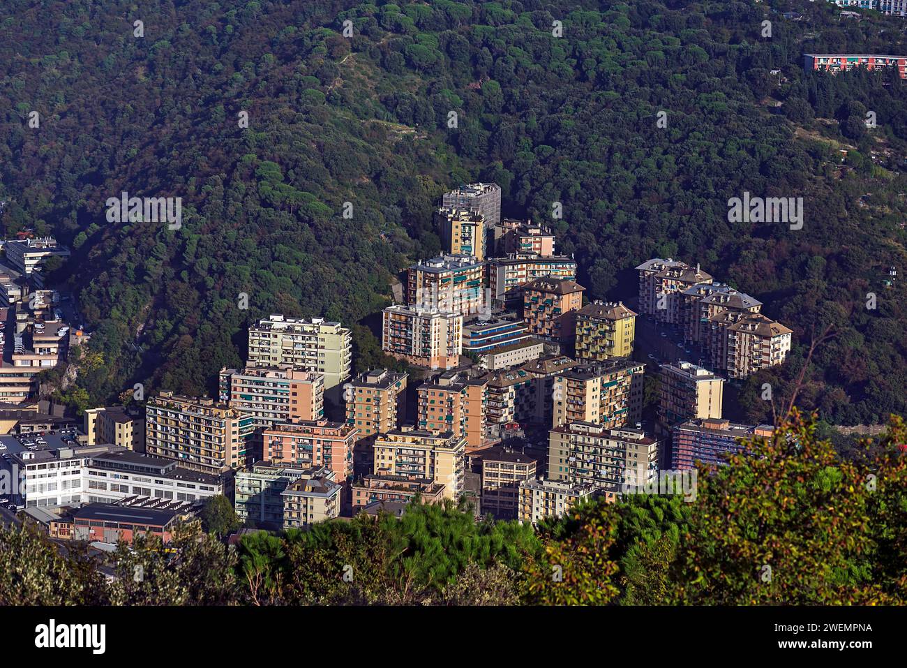 View from Granarolo to the residential neighbourhood of Biscione, built in the 1960s, Genoa, Italy Stock Photo