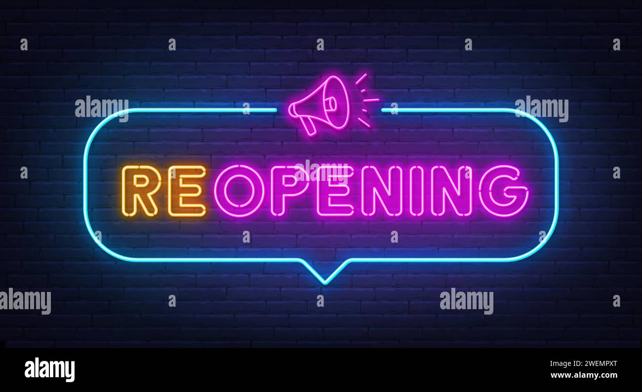 Reopening neon sign in the speech bubble on brick wall background Stock