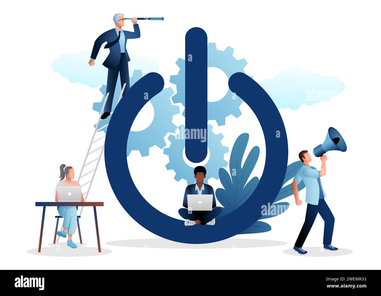 Vector illustration of casual business people carry out activities to improve performance at the giant on button symbol, start-up business concept Stock Vector