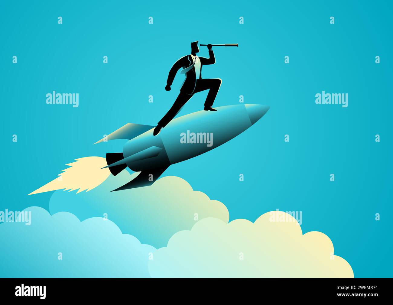 Vector illustration of a businessman on a rocket using a telescope ...