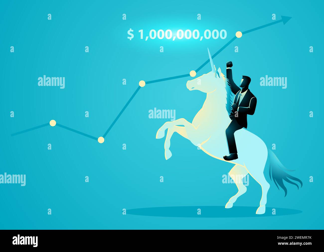 Vector illustration of a businessman riding a unicorn, the term unicorn