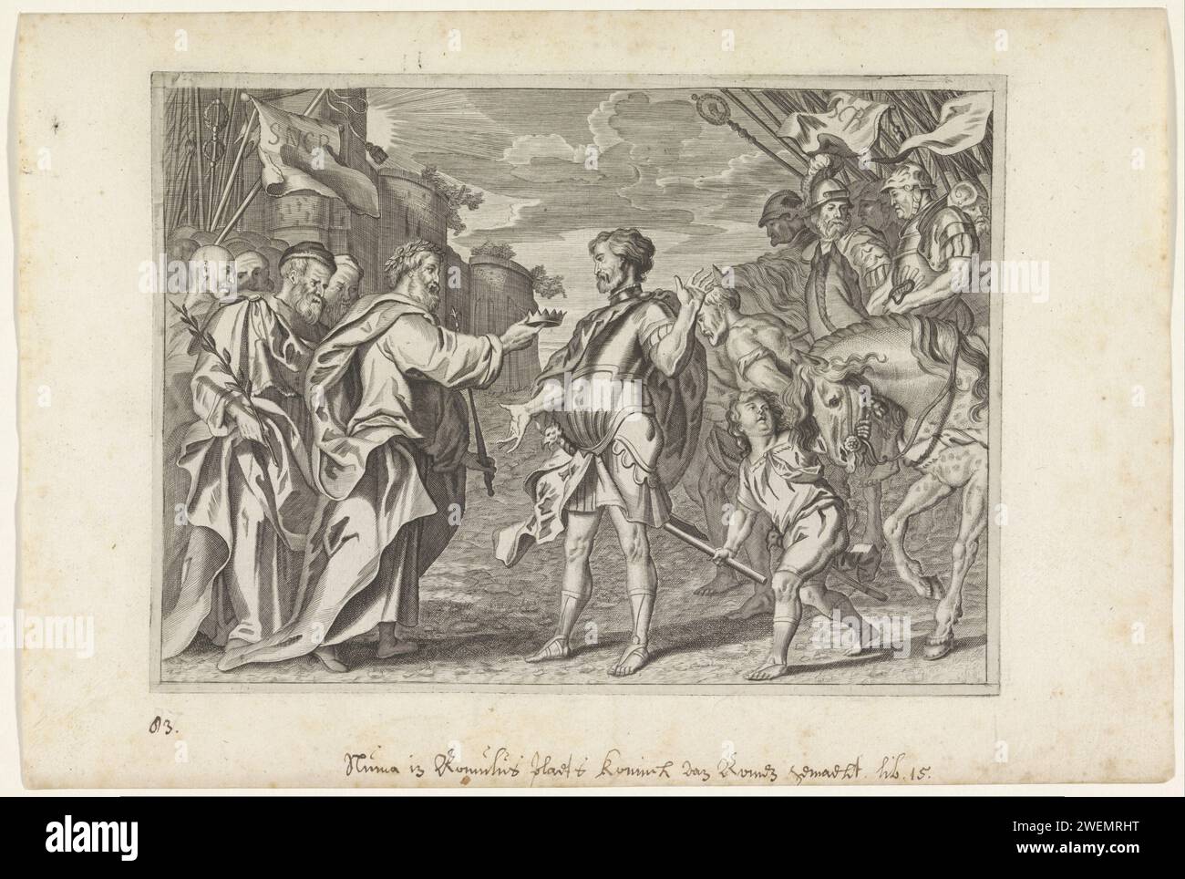 Numa Pompilius is designated as king of Rome, c. 1636 - 1670 print To Numa Pompilius, the crown is handed over after the disappearance of Romulus, the founder of Rome. Latin and Sabines on either side.  paper engraving (story of) Numa Pompilius - non-aggressive activities of person from classical history. coronation of a ruler Stock Photo