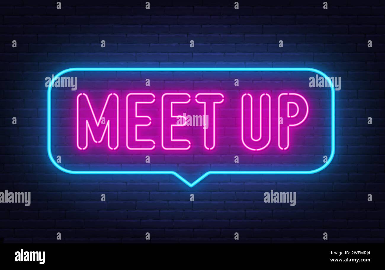 Meet Up neon sign in the speech bubble on brick wall background. Stock Vector