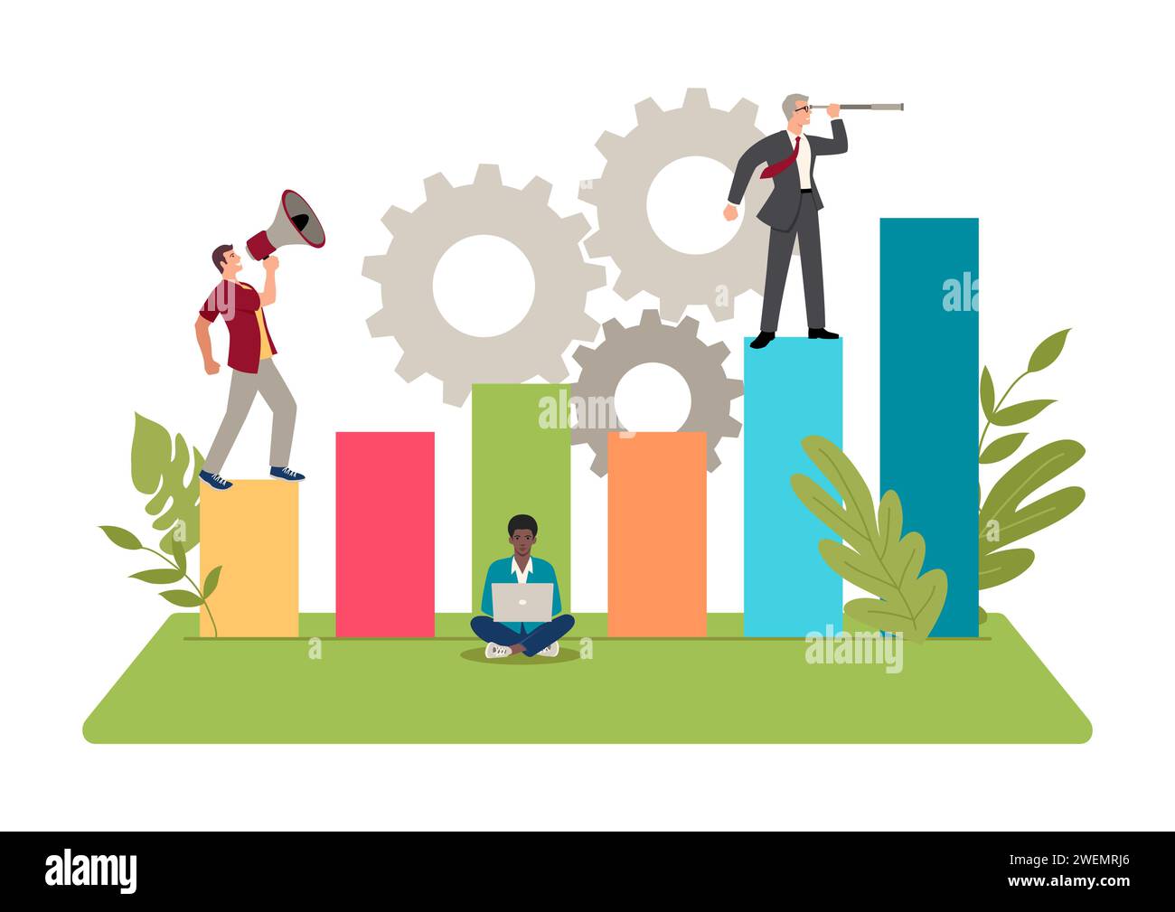 Simple flat vector illustration of casual business people carry out activities to improve performance Stock Vector