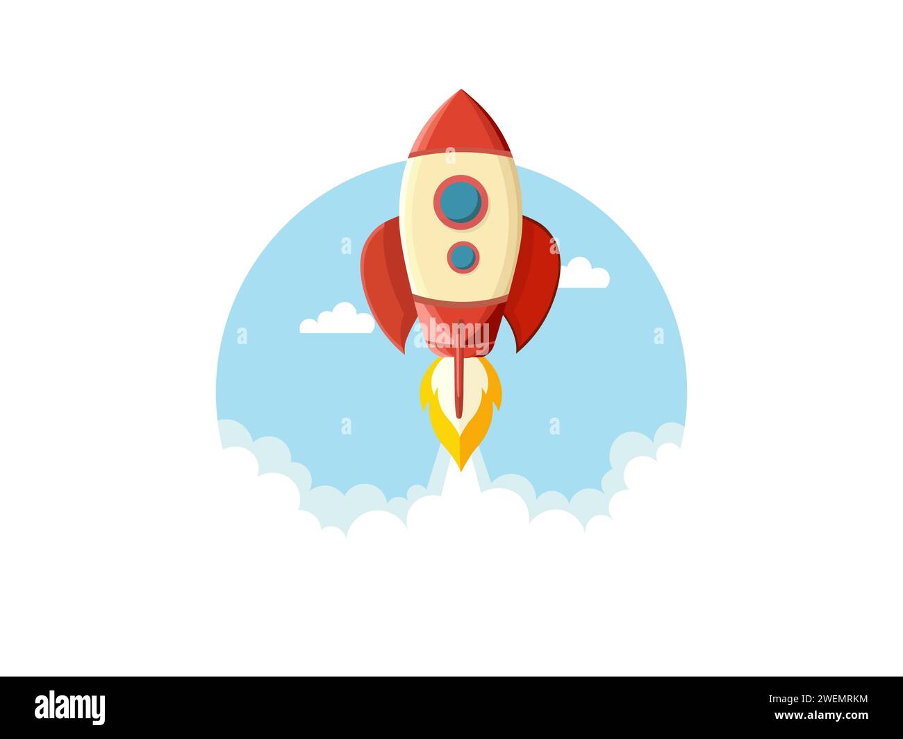 Cartoon rocket launching into the sky surrounded by clouds Stock Photo ...