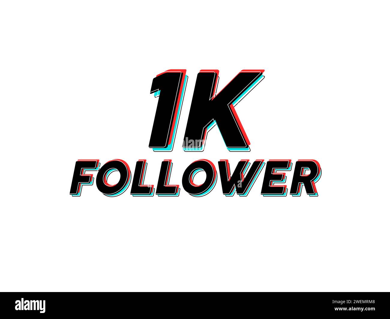 Stylized '1K follower' text with 3D red and blue effect to celebrate a social media milestone Stock Photo
