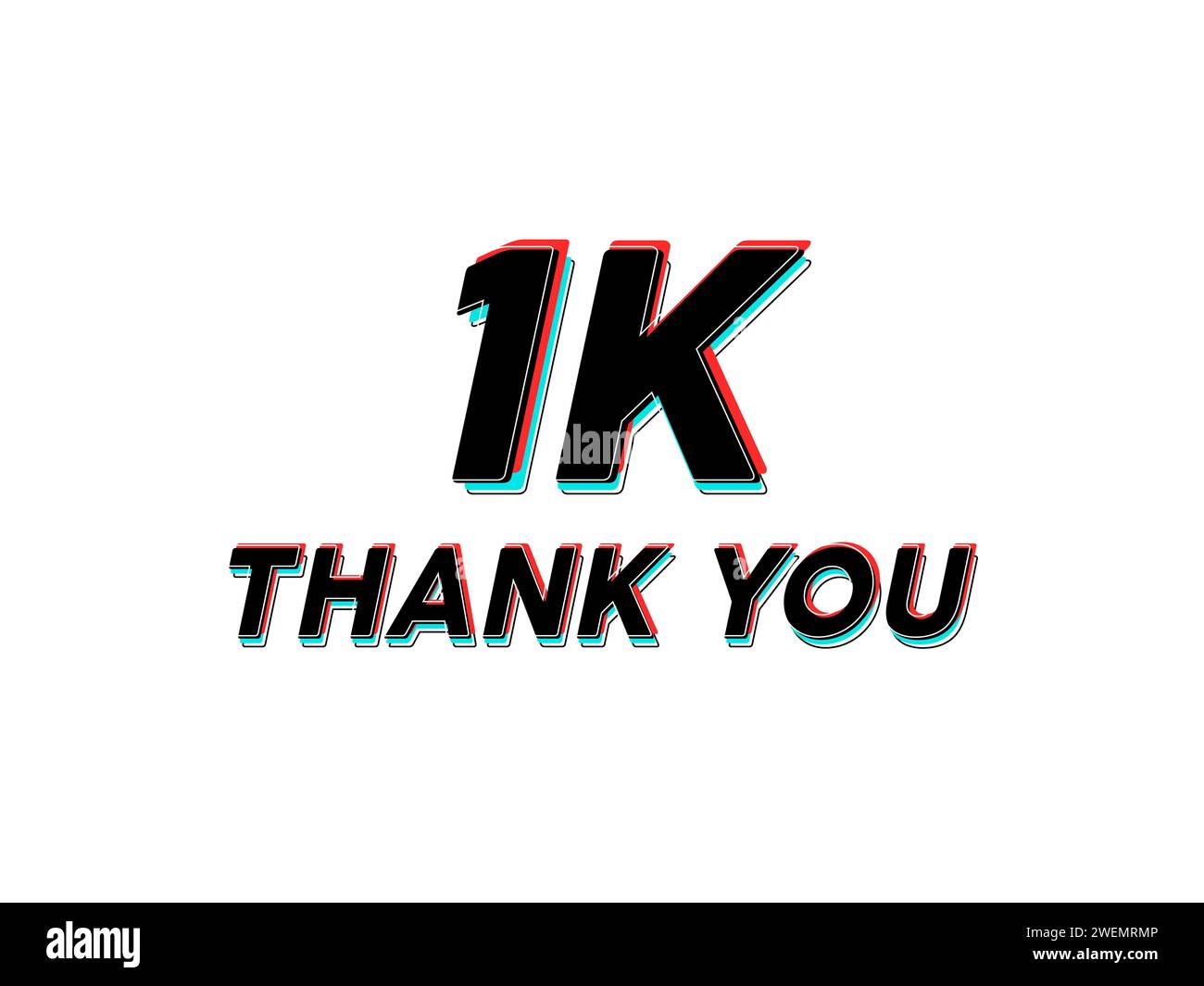 A creative '1K thank you' message with a 3D red and blue effect on a white background Stock Photo