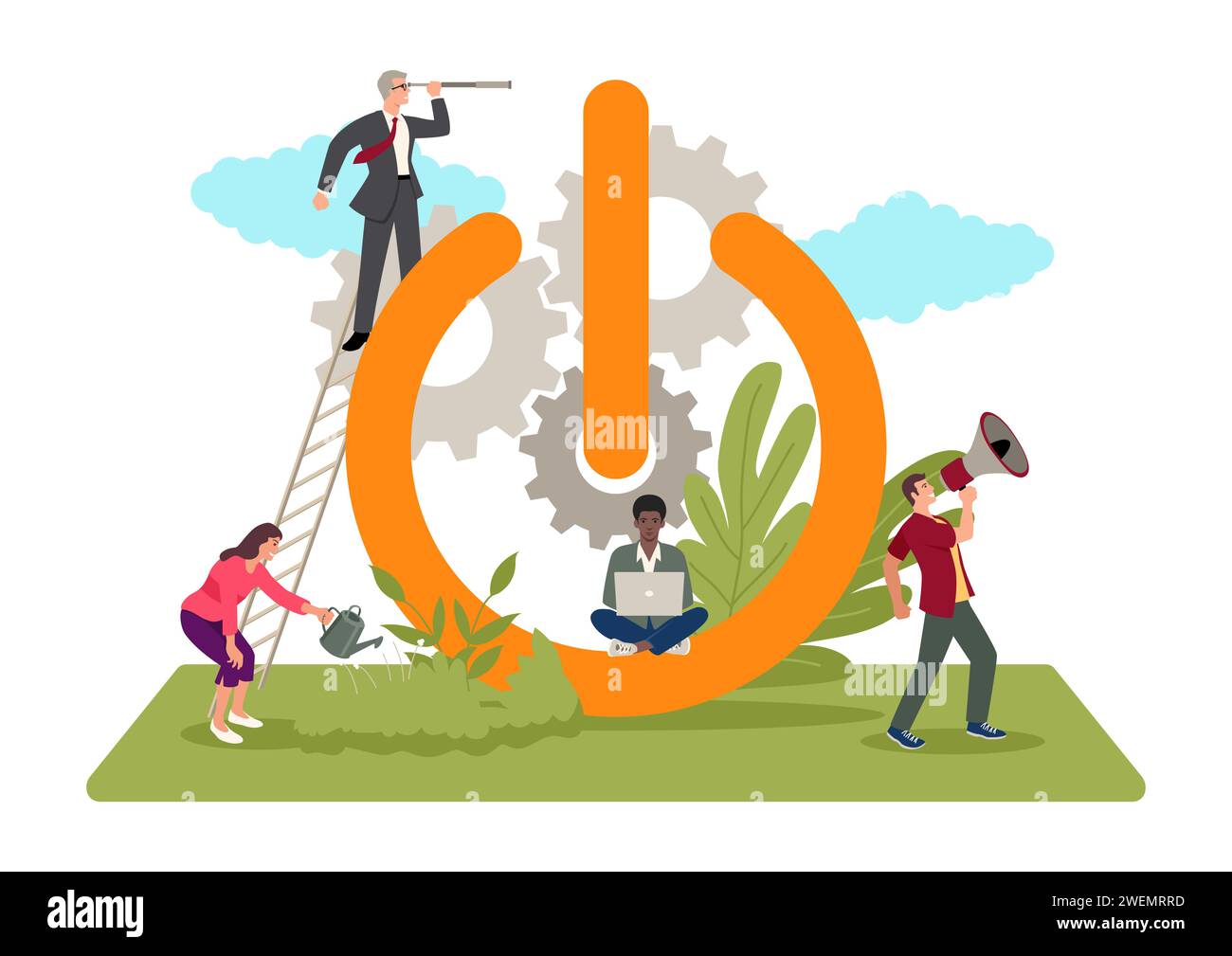 Simple flat vector illustration of casual business people carry out activities to improve performance at the giant on button symbol, start-up business Stock Vector