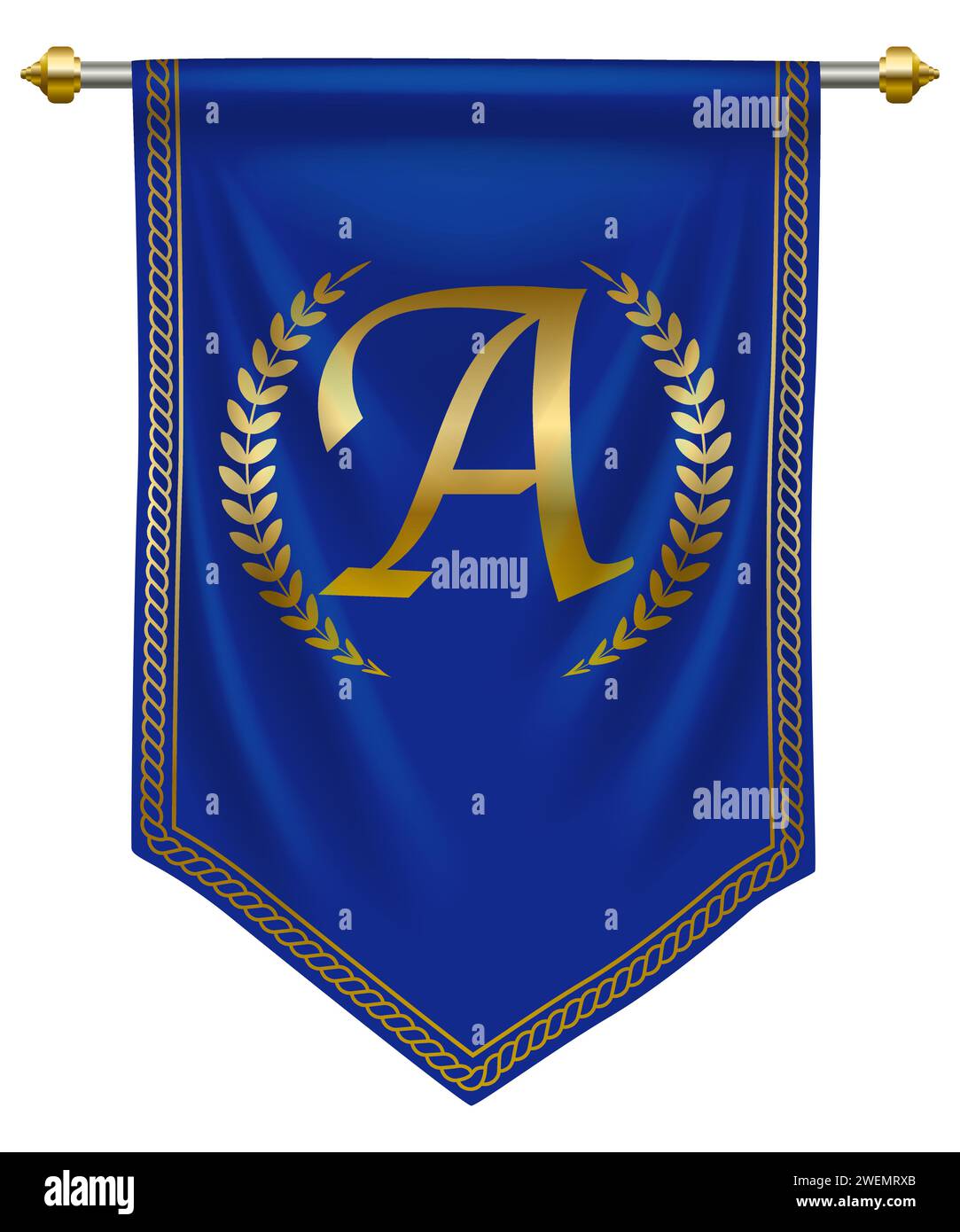 Luxury golden letter A on royal blue pennant for premium brand identity