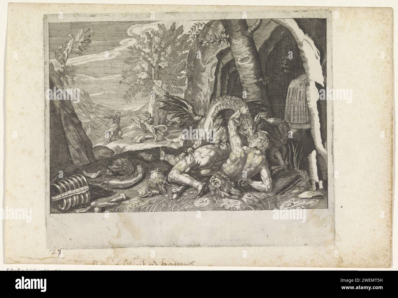 Cadmus' companions devoured by a dragon, c. 1636 - 1670 print For a cave, a dragon kills the companions of Cadmus, founder of Thebe. Cadmus kills the dragon in the background.  paper engraving Cadmus' companions, sent to fetch water, are slain by the dragon which guarded the spring. Cadmus slays the dragon Stock Photo