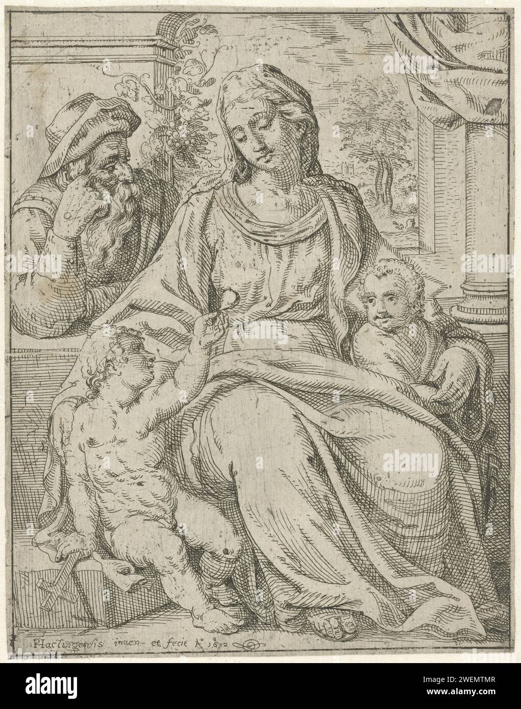 Holy Family with Johannes, Pieter Feddes van Harlingen, 1612 print Maria is sitting in an interior with her arms for two children: Christ and John the Baptist. Joseph watches in the background.  paper etching Holy Family with John the Baptist (as child) Stock Photo