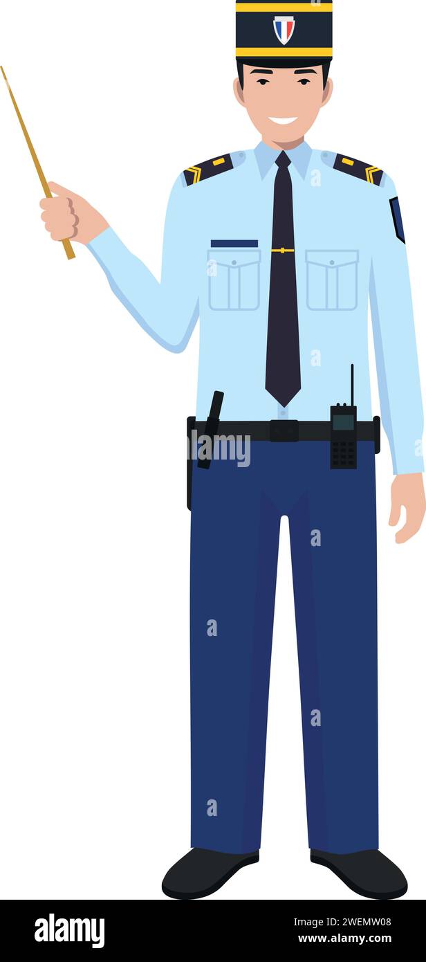 Standing French Policeman Gendarme with Wooden Pointer Stick in Traditional Uniform Character Icon in Flat Style. Stock Vector