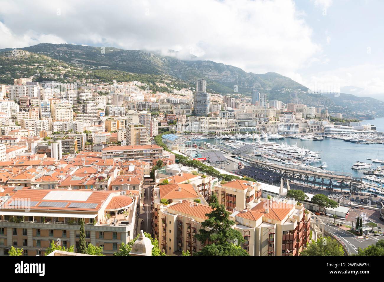 Moncao, view over Monaco's Port Hercule towards Monte Carlo. Stock Photo