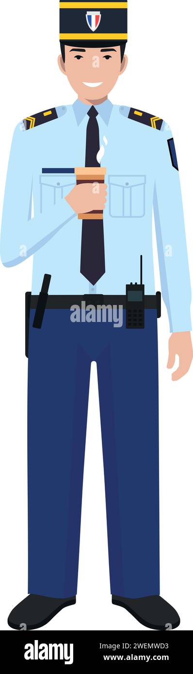 Standing French Policeman Gendarme with Cup of Coffee in Traditional Uniform Character Icon in Flat Style. Stock Vector