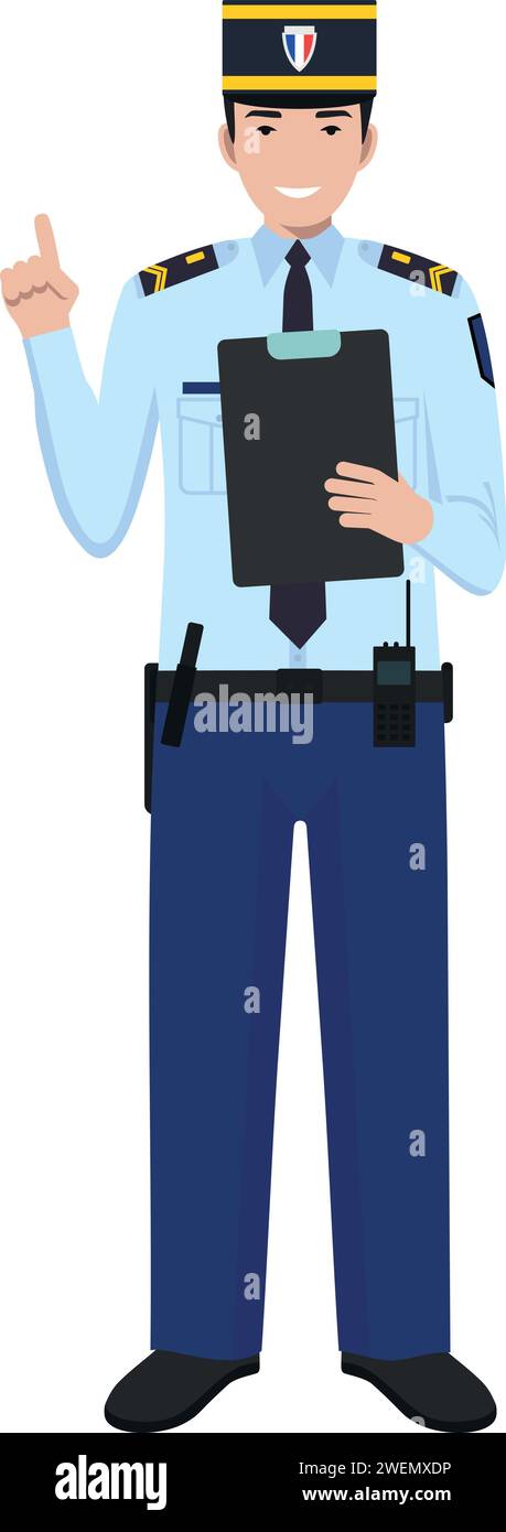 Standing French Policeman Gendarme and Traditional Uniform Character Icon in Flat Style. Stock Vector
