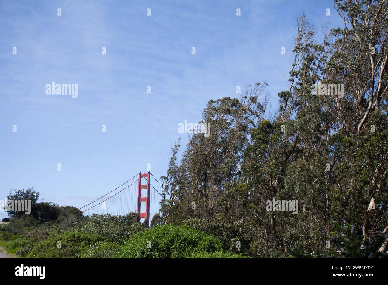The Golden Gate Bridge is a suspension bridge spanning the Golden Gate, the one-mile-wide strait connecting San Francisco Bay, and the Pacific. Stock Photo
