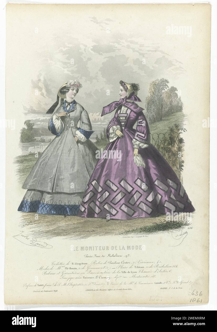 The fashion monitor, 1861, No. 636: toilets of R.LHOPITEAU (...), 1861  Two women in crinilin gowns in the open air. According to the caption: 'toilets' by R. Lhopiteau. Downs by Pauline Couter. 'Modes' by Plé-Horain. Below some lines of advertising text for different products. Print from the fashion magazine Le Monitor de la Mode (1843-1913).  paper steel engraving fashion plates.. head-gear (+ women's clothes). gloves, mittens, etc. (+ women's clothes). handkerchief (+ women's clothes). ornamental parts of clothing (+ women's clothes) Stock Photo