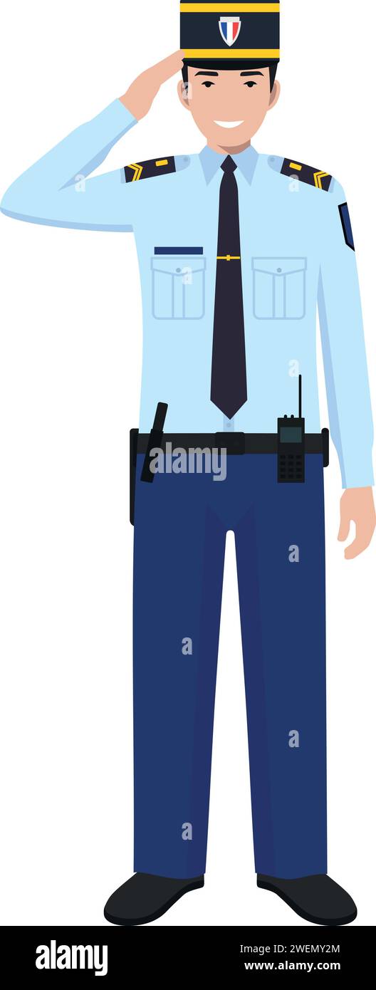Standing French Policeman Gendarme and Traditional Uniform Character Icon in Flat Style. Stock Vector