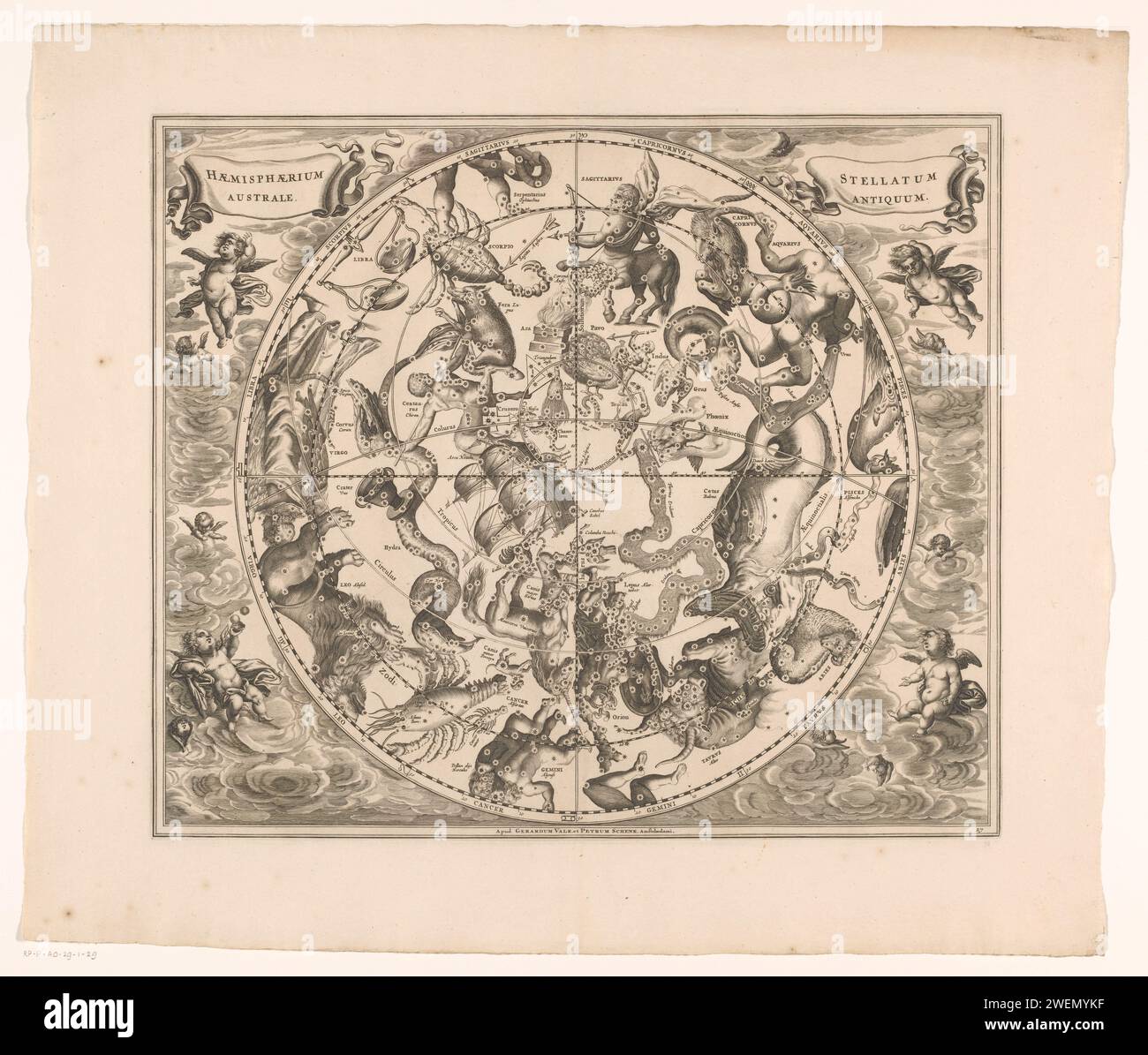 Hemelaart with the southern constellations, Anonymous, 1708 print Hemelaart with the southern constellations, according to the traditional layout of Ptolemyus and his followers. The classic constellation Argo Navis is displayed as the East Indies. Left and top right the title cartouches. Numbered in the bottom right: 27.  paper engraving zodiac; the twelve zodiacal signs together. star-chart, star map Stock Photo