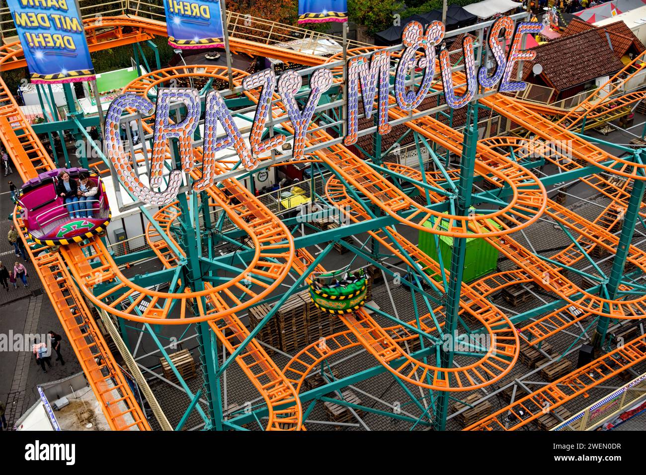 Roller coaster Crazy Mouse, rails, winding tracks of the railway, ride at fairground Kalter Markt, Kaale Maeaert, funfair, fairground, bird's eye Stock Photo