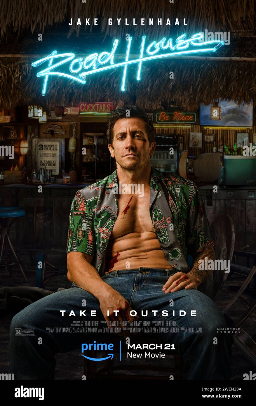 Road House (2024) directed by Doug Liman and starring Billy Magnussen, Jake Gyllenhaal and Lukas Gage. An ex-UFC middleweight fighter ends up working at a rowdy bar in the Florida Keys where things are not as they seem. US one sheet poster ***EDITORIAL USE ONLY***. Credit: BFA / Amazon MGM Studios Stock Photo