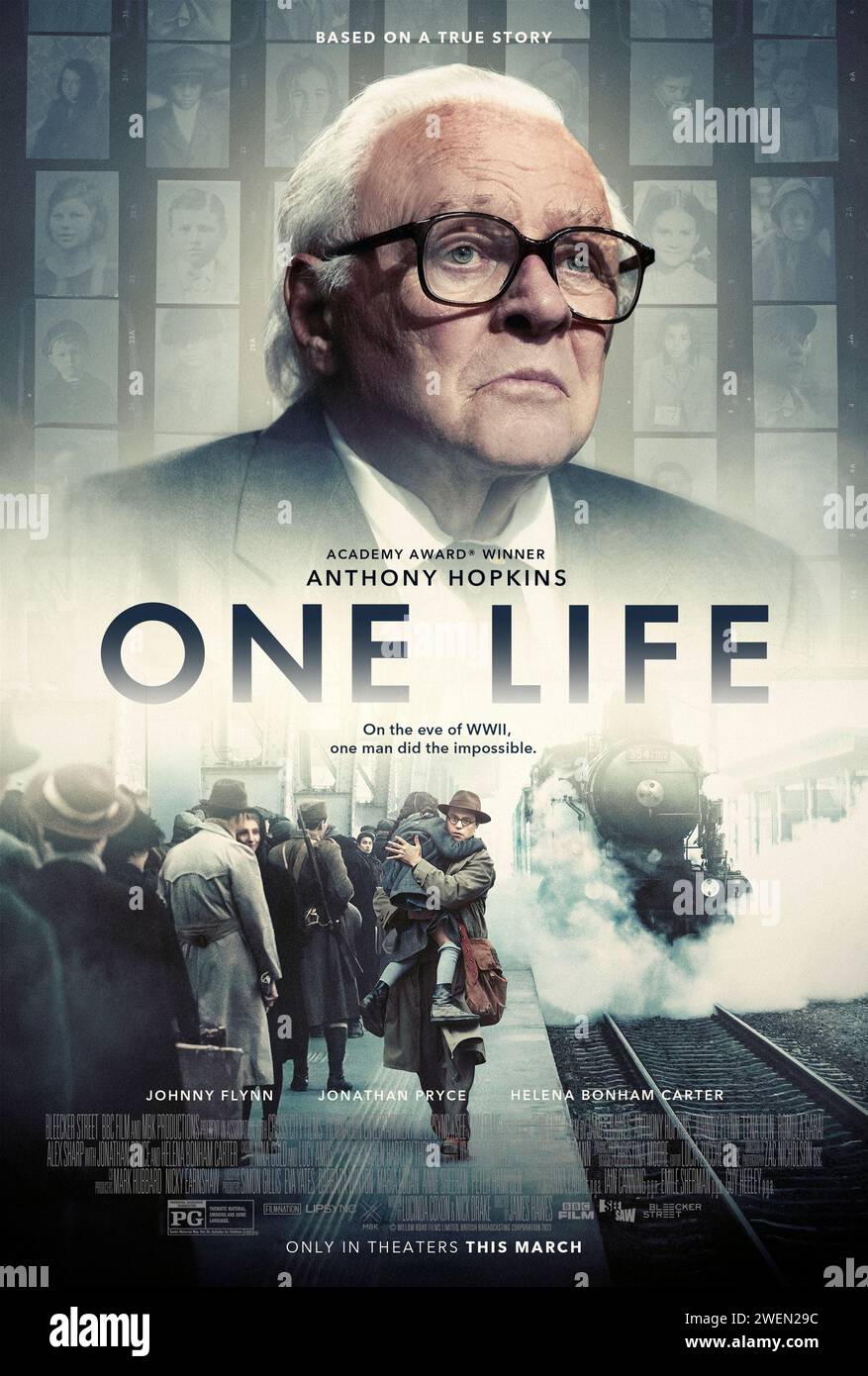 One Life (2023) directed by James Hawes and starring Anthony Hopkins, Helena Bonham Carter and Romola Garai. The story of Sir Nicholas 'Nicky' Winton, a young London broker who, in the months leading up to World War II, rescued Jewish children from the Nazis. US one sheet poster ***EDITORIAL USE ONLY***. Credit: BFA / Bleecker Street Media Stock Photo