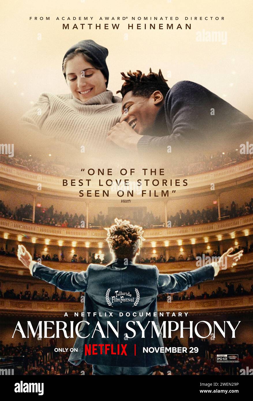 American Symphony (2024) directed by Matthew Heineman and starring Jon Batiste, Lindsey Byrnes and Jonathan Dinklage. In this deeply intimate documentary, musician Jon Batiste attempts to compose a symphony as his wife, writer Suleika Jaouad, undergoes cancer treatment. US one sheet poster ***EDITORIAL USE ONLY***. Credit: BFA / Netflix Stock Photo