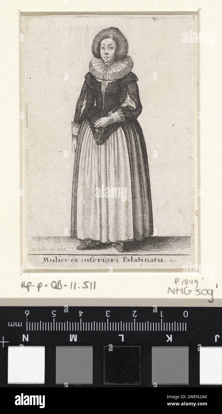 The woman of the lower palatine, Wenceslaus Hollar, 1643  Standing woman in traditional costumes from the Palatinate. A fur hat on the head. Road with round necklace and bragons, which runs into a point from the front. Sleeves with splitting and cuffs, trimmed with lace. Thick pleaty that is tied up with a ribbon at the front. Ankle -long skirt with white apron. Shoes with heels.  paper etching fashion plates. Europeans: Germans (+ women). neck-gear  clothing (with NAME) (+ women's clothes). clothing for the upper part of the body (with NAME) (+ women's clothes). sleeves (+ women's clothes). Stock Photo