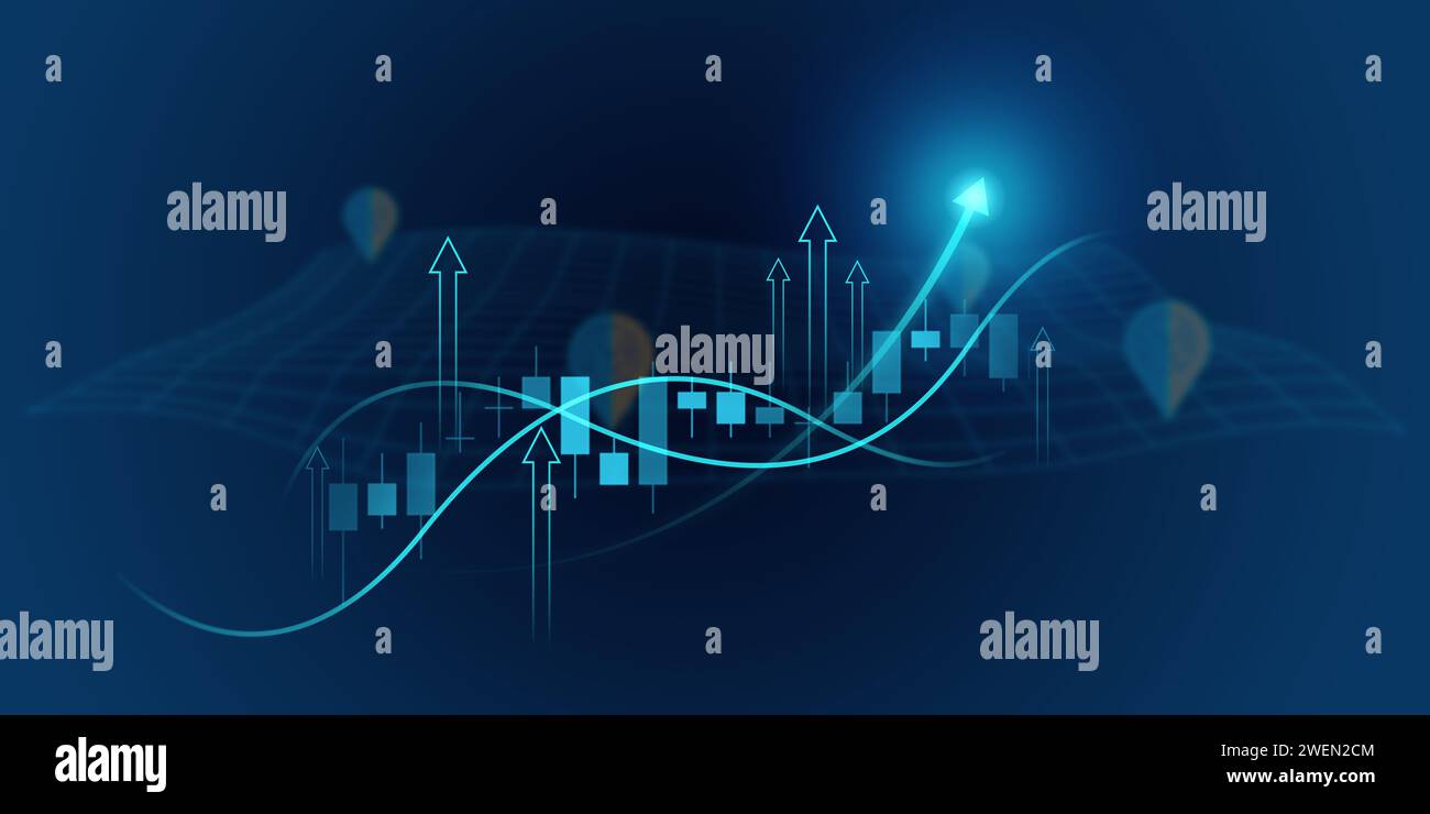 Business growth arrow up digital on blue dark background, investment ...