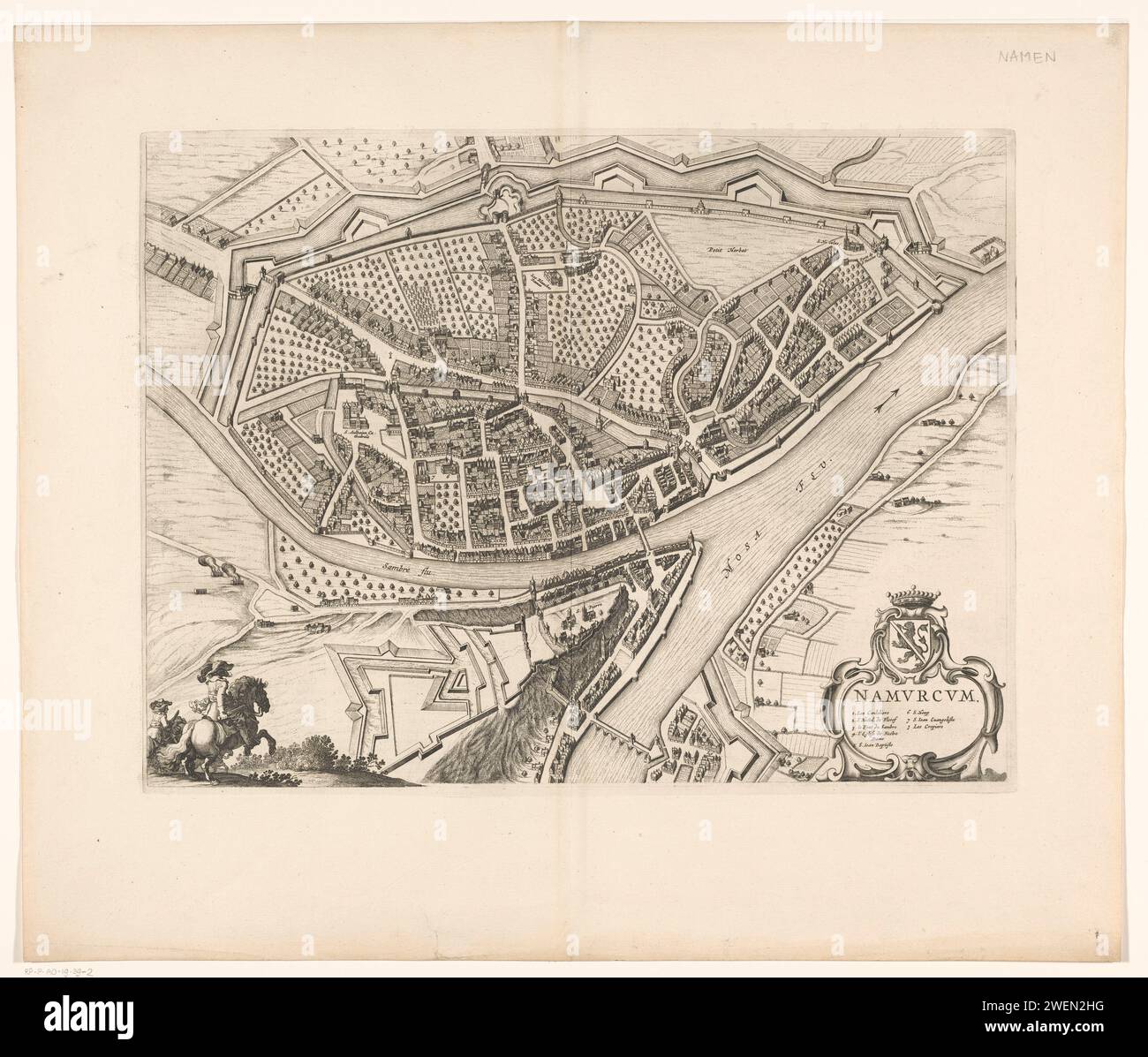 Map of Namur, Anonymous, 1652 print Map of names with buildings in a nutshell perspective. At the bottom right the title cartouche with legend 1-8, and the coat of arms of the county. With Latin text on Verso.  paper etching / engraving / letterpress printing maps of cities. fortified city. coat of arms (as symbol of the state, etc.) (+ province; provincial) Names (city) Stock Photo