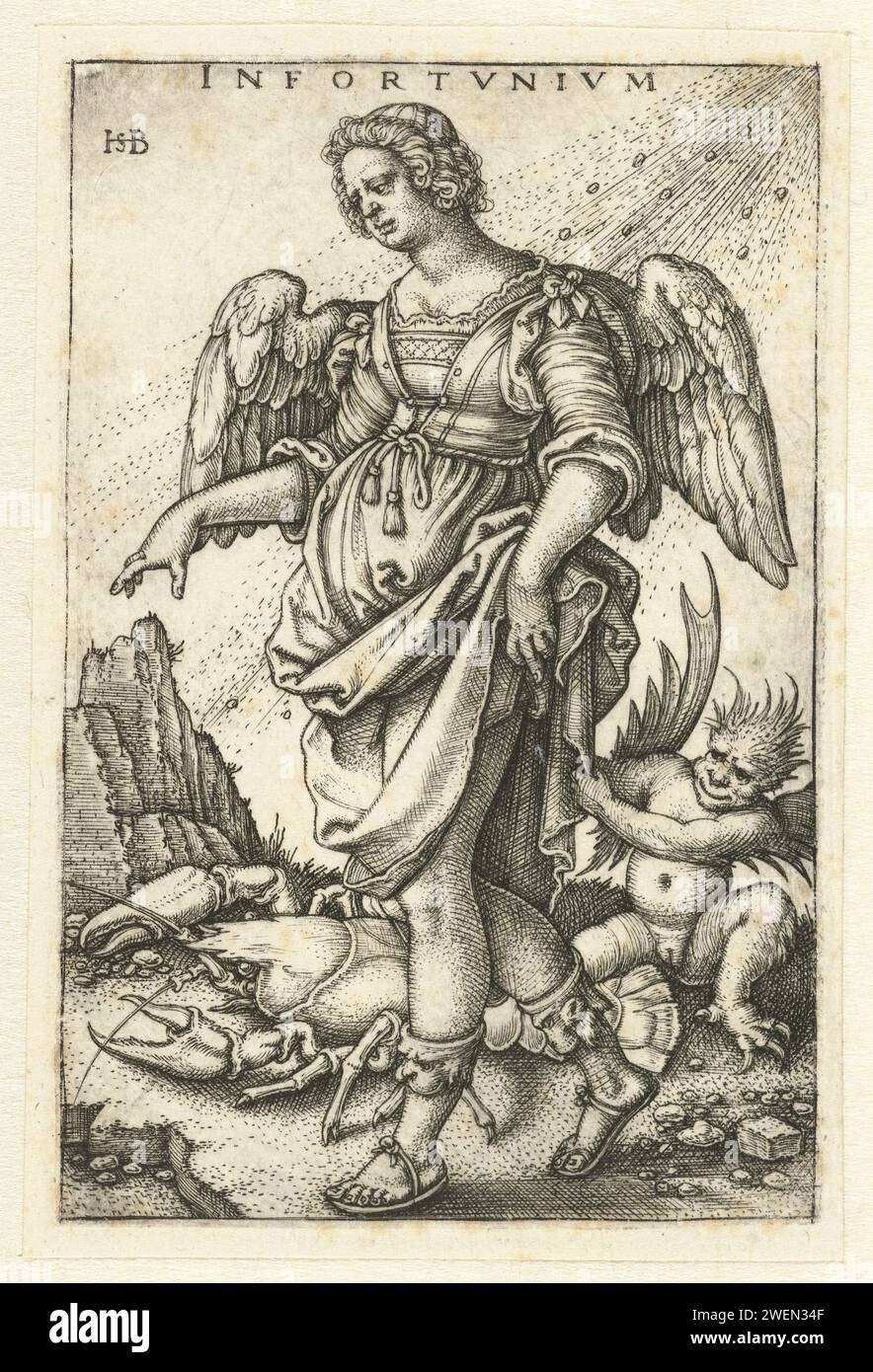 Hans Sebald Beham, 1510 - 1550 print Winged woman as a personification of accident (Infortunio) with a scorpion and the devil  paper engraving Adversity, Misfortune, Bad Luck; 'Fortuna infelice', 'Infortunio' (Ripa). scorpions. devil(s) and demons Stock Photo