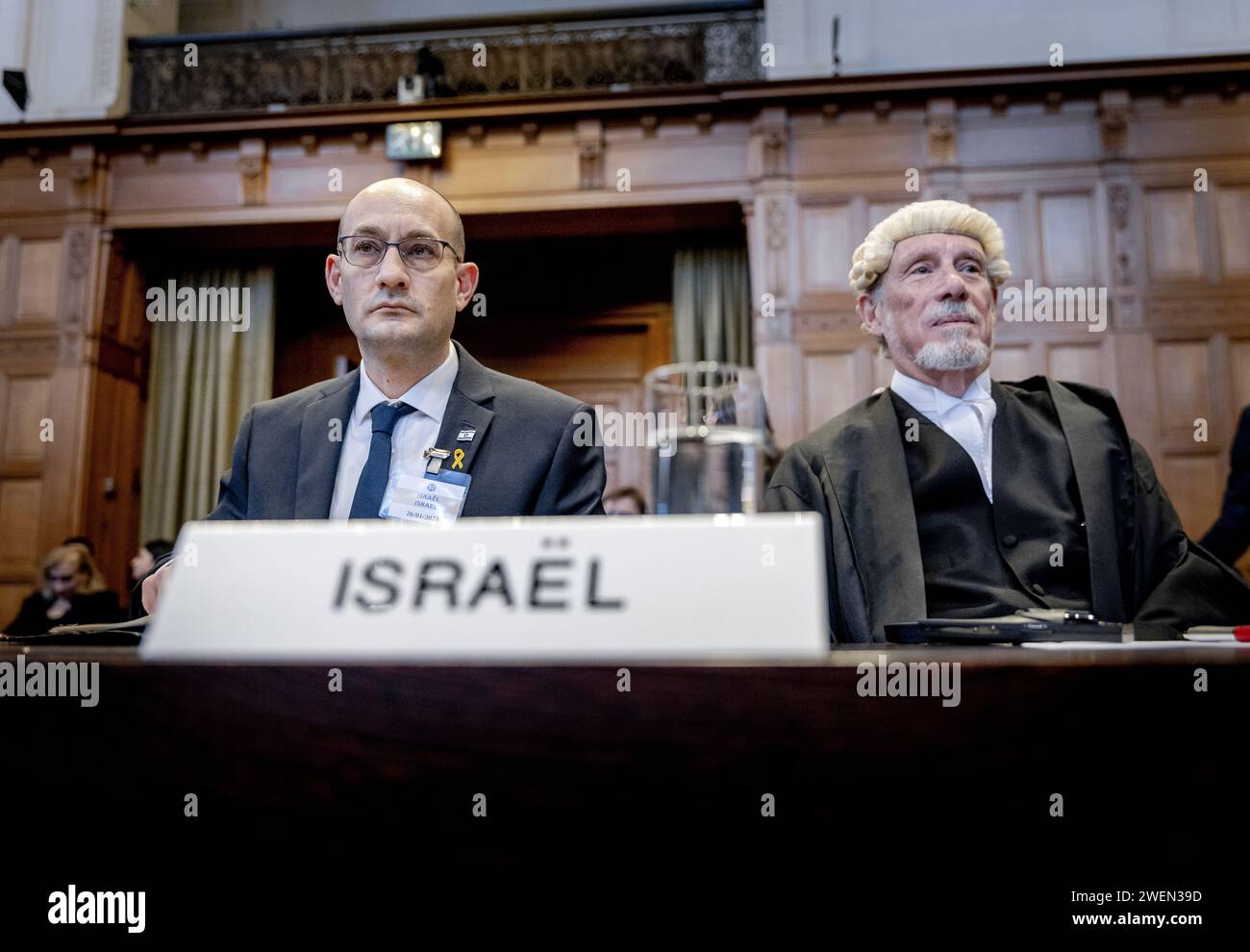 THE HAGUE - Gilad Noam, Deputy Attorney-General for International Affairs, and lawyer Malcolm Shaw, during a ruling by the International Court of Justice (ICJ) on a request by South Africa for emergency measures for Gaza. Earlier this month, the court heard the genocide case against Israel, brought by South Africa. The entire case can take years to complete. ANP REMKO DE WAAL netherlands out - belgium out Stock Photo