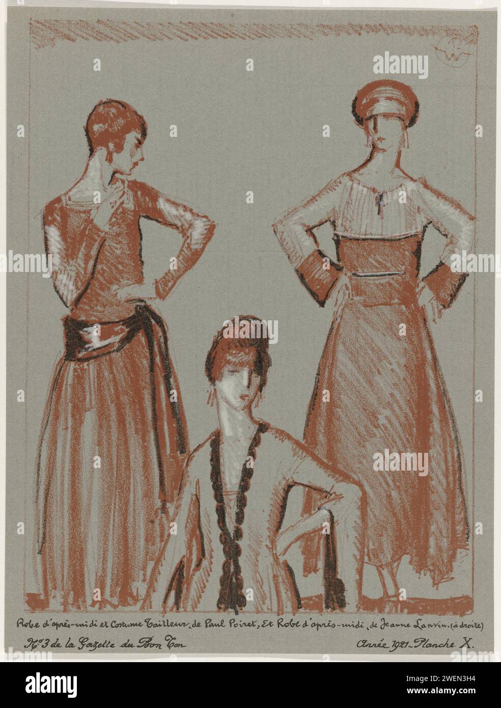 Gazette du Bon tone, 1921-No. 3, pl. X: afternoon dress and tailor costume, from Paul Poiret, and afternoon dress, by Jeanne Lanvin, Porter Woodruff, 1921  Two women, one of which is halfway, are dressed in an afternoon gown and a suit by Paul Poiret. The woman on the right is wearing an afternoon gown from Jeanne Lanvin. Planche X from a series of four lithographs entitled: 'Les Modes and L'An de Grace Mil Neuf Cent Vingt Un', from Gazette du Bon Ton 1921, No. 3. Explanation about the clothing on page 'Explication des planches'.  paper  fashion plates. dress, gown: day dress (+ women's clothe Stock Photo