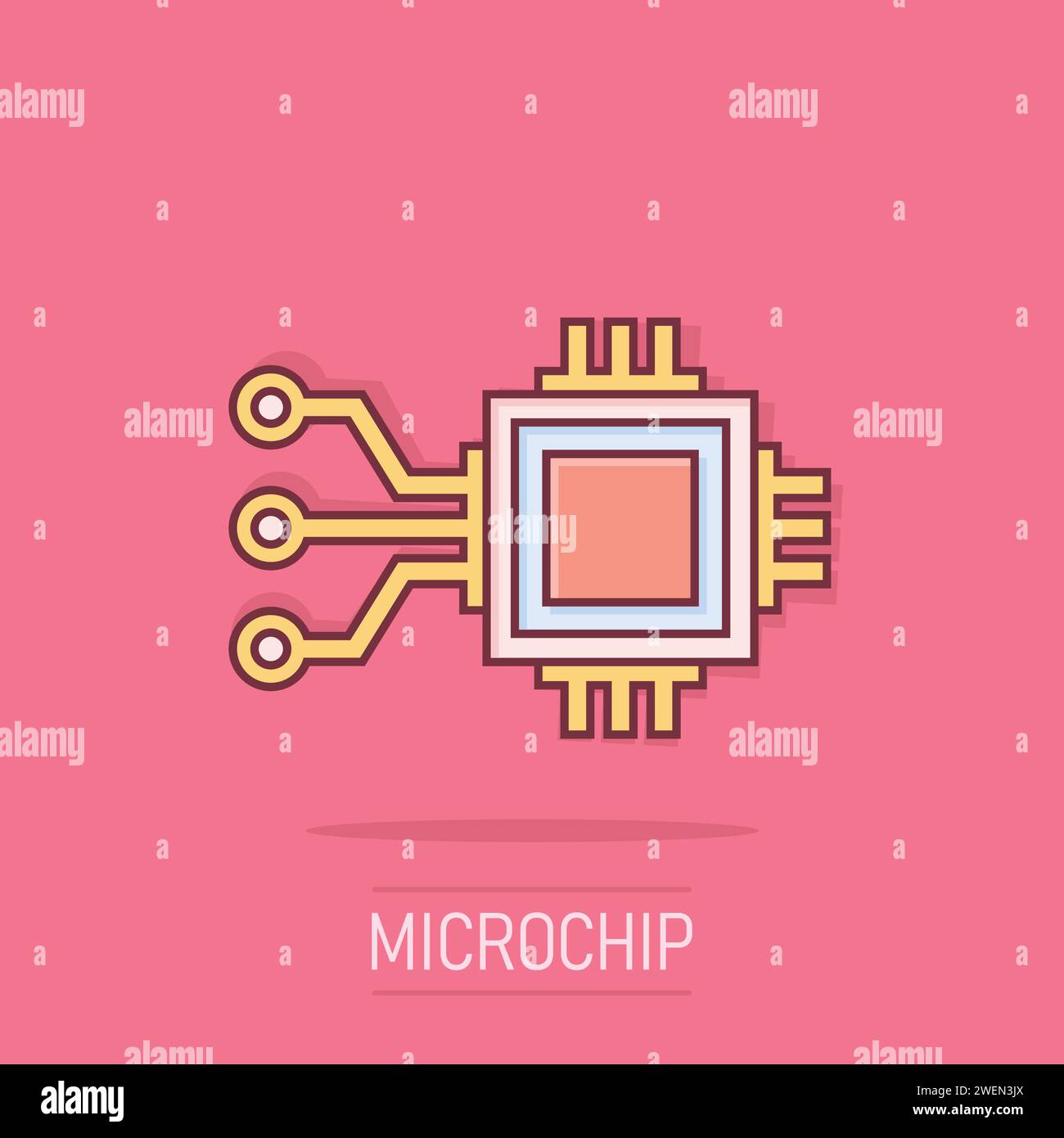 Computer chip icon in comic style. Circuit board cartoon vector illustration on isolated background. Cpu processor splash effect business concept. Stock Vector