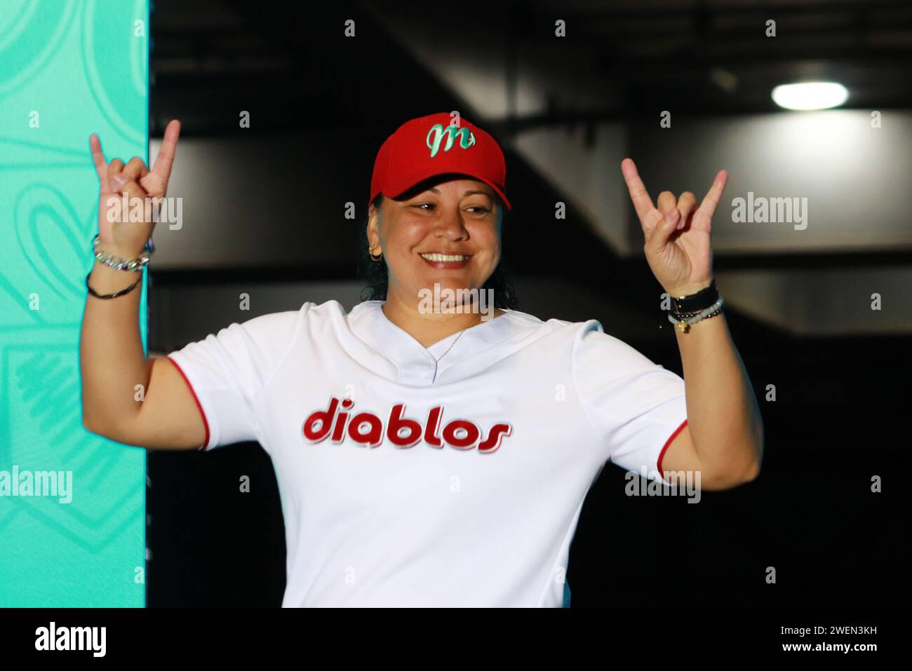 Non Exclusive: January 24, 2024 in Mexico City, Mexico: Dafne Bravo  poses during the presentation of the first women's softball team of the Diablos R Stock Photo