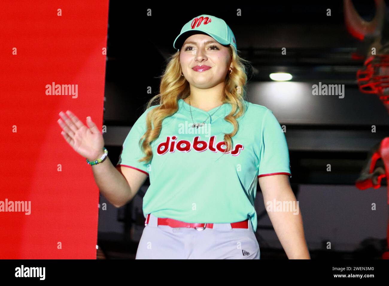 Non Exclusive: January 24, 2024 in Mexico City, Mexico: Dafne Bravo  poses during the presentation of the first women's softball team of the Diablos R Stock Photo